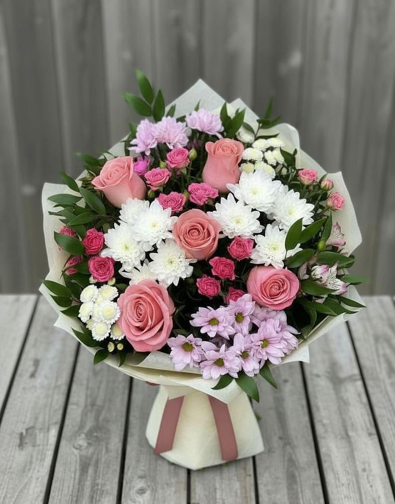 Букет цветов из: Альстромерии, Гвоздики, Розы и Хризантемы в Новопетровское