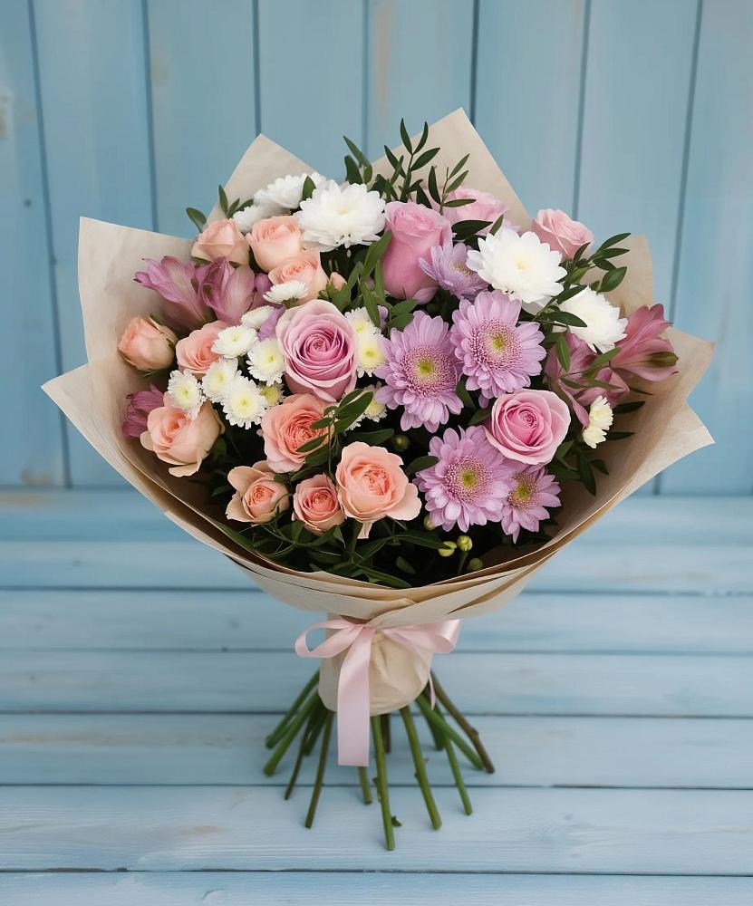 Букет цветов из: Хризантемы, Розы и Альстромерии в Новопетровское