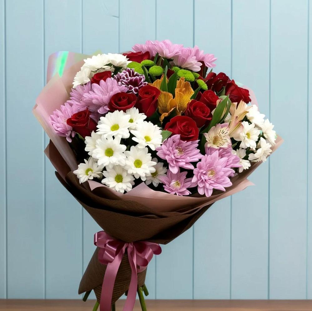 Букет цветов из: Розы, Хризантемы и Альстромерии в Новопетровское
