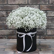 Цветочная композиция из Гипсофила в шляпной коробке в Новопетровское