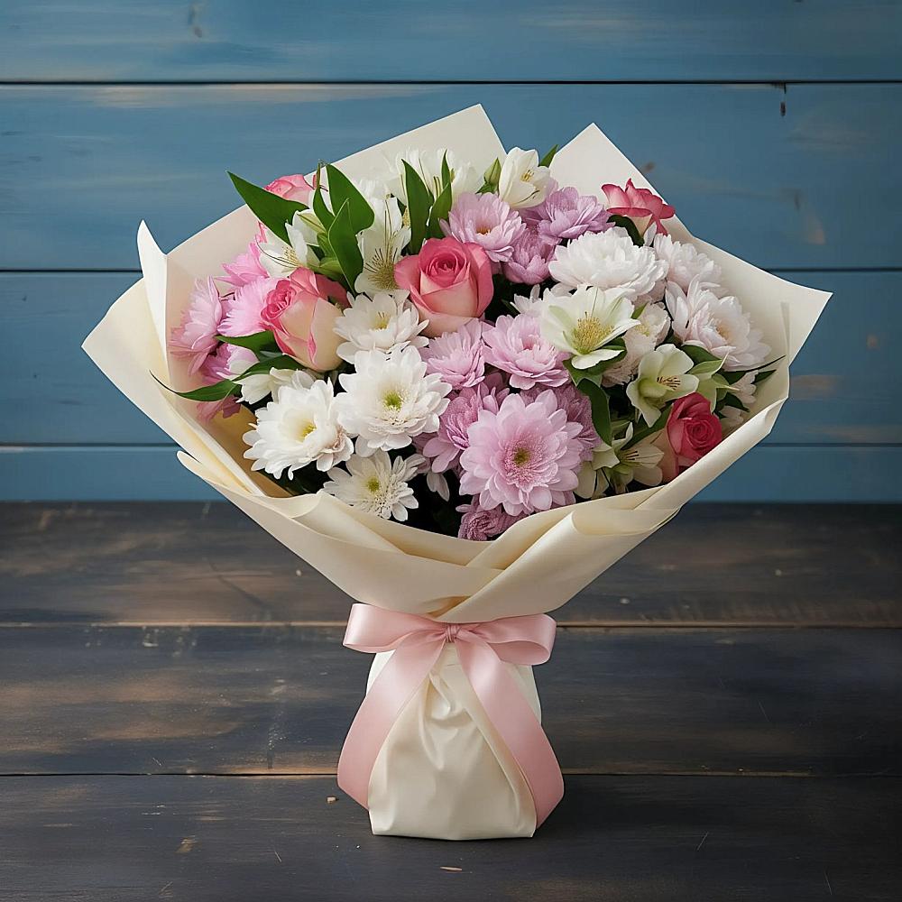 Букет цветов из: Хризантемы, Альстромерии и Розы в Новопетровское